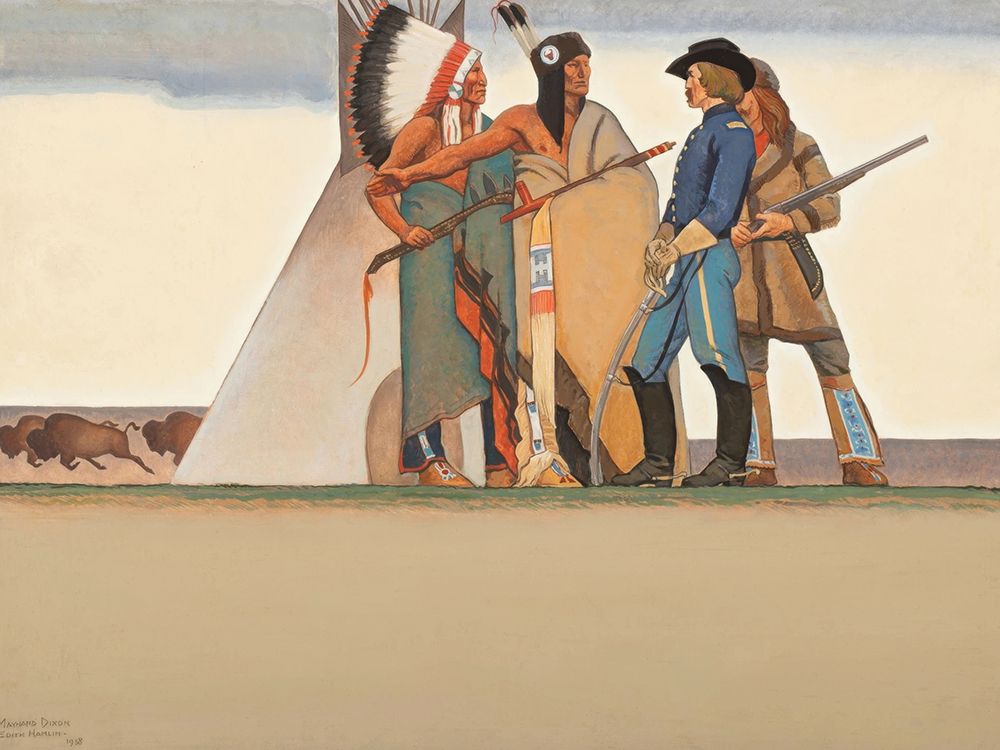 Indian and Soldier, The Indian of Yesterday, Indian and Teacher, The Indian of Today 1938 art print by Maynard Dixon for $57.95 CAD
