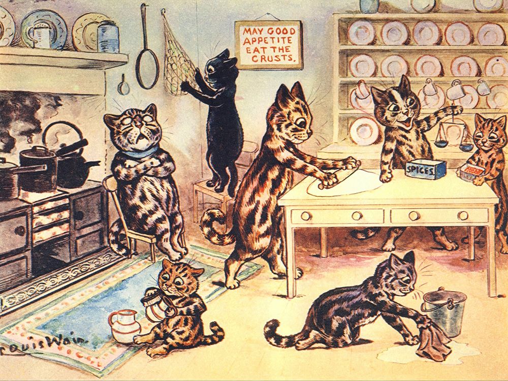 Kittens in Kitchen ca 1920 art print by Louis Wain for $57.95 CAD