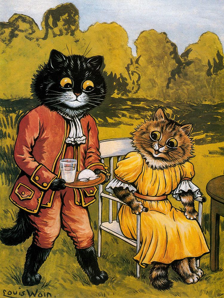 Lucky black Cat Brought Food art print by Louis Wain for $57.95 CAD