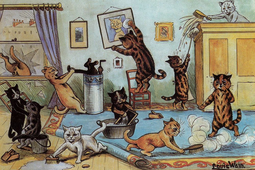 Spring Cleaning art print by Louis Wain for $57.95 CAD