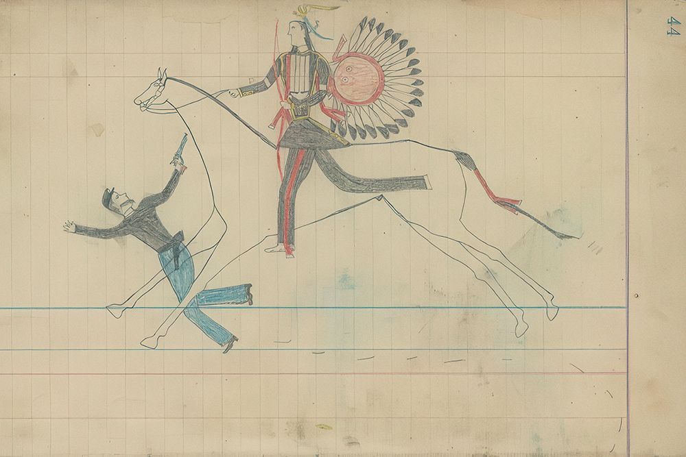 Arapaho Warrior Riding down a Dismounted U.S Soldier ca 1880 art print by Unkown Arapaho Ledger Artist for $57.95 CAD
