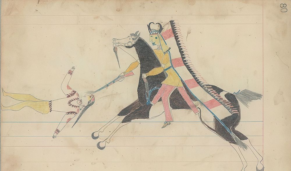 Cheyenne Warrior Killing a Dismounted Enemy Warrior art print by Unkown Cheyanne Ledger Artist for $57.95 CAD