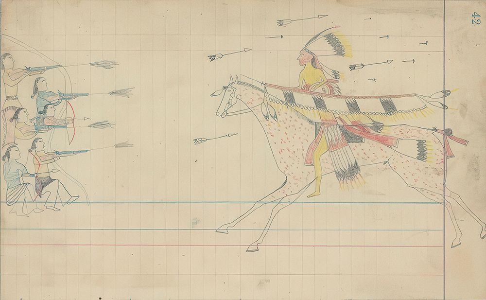 Arapaho Warrior Fighting a Group of Navajo or Puebloan Warriors ca 1880 art print by Unkown Arapaho Ledger Artist for $57.95 CAD