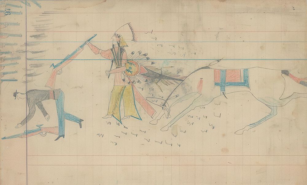 Arapaho Warrior Counting Coup on U.S soldier with Rifle Butt art print by Unkown Arapaho Ledger Artist for $57.95 CAD