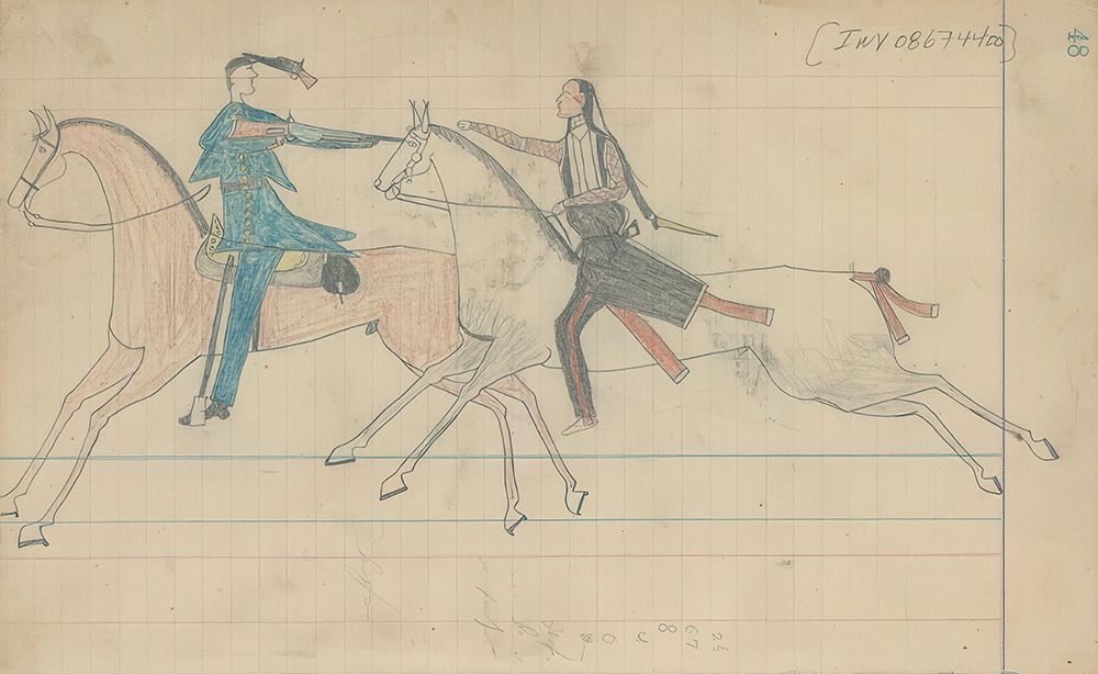 Arapaho Warrior Fighting a U.S soldier on Horseback ca 1880 art print by Unkown Arapaho Ledger Artist for $57.95 CAD