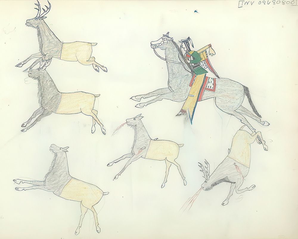 Kiowa Indian Hunting Elk on Horseback art print by Unkown Kiowa Ledger Artist for $57.95 CAD
