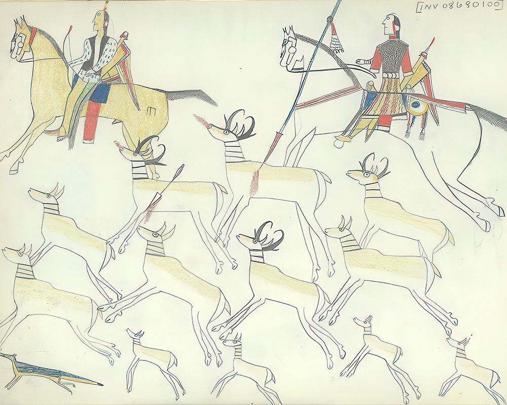 Kiowa Indians Hunting Pronghorn Antelope art print by Unkown Kiowa Ledger Artist for $57.95 CAD