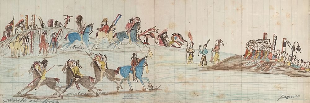 Group of Allied Kiowa and Comanche meeting a Battalion of Pawnee Warriors 1875 art print by Koba Kiowa Ledger Artist for $57.95 CAD