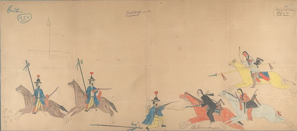 A Battle Between Cheyenne Warriors and Mexican Lancers art print by Cheyenne Ledger Artist Big Horse for $57.95 CAD