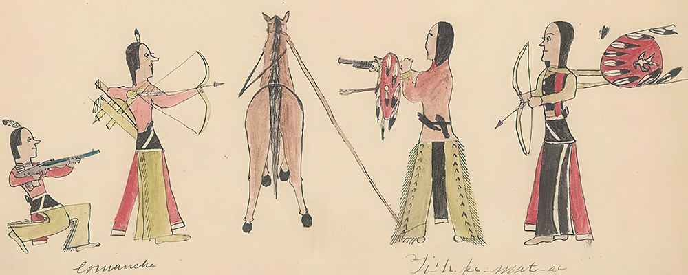 Ledger Drawing of a Meeting Between Comanche and Cheyenne Warriors art print by Ledger Book Art for $57.95 CAD
