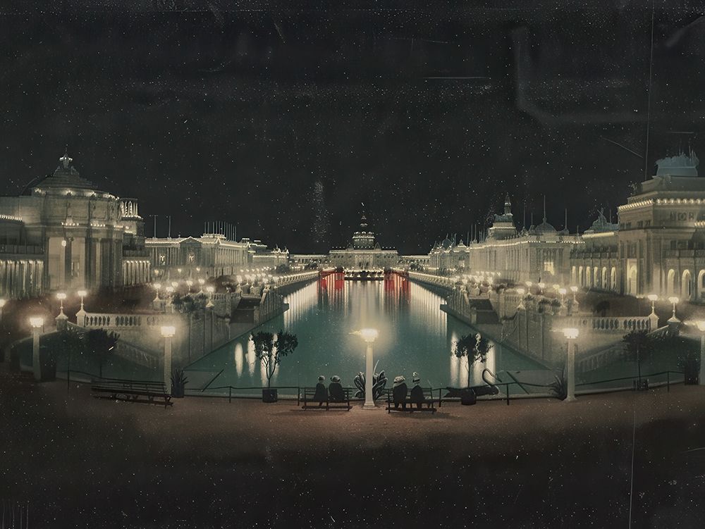 Nebraska - Grand Court Night Illumination Trans-mississippi Exposition Ca 1898 art print by Vintage Photochrom United States for $57.95 CAD