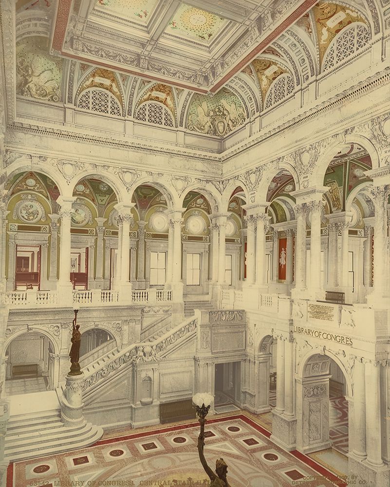 Washington Dc - Library of Congress Central Stair Hall Ca 1900 art print by Vintage Photochrom United States for $57.95 CAD