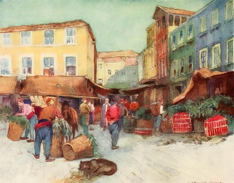Fruit-Market, Stamboul, Constantinople 1906 art print by Warwick Goble for $57.95 CAD