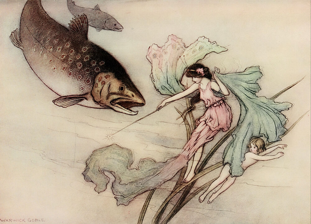 A Great Trout Rushed out on Tom, the Water-Babies 1909 art print by Warwick Goble for $57.95 CAD