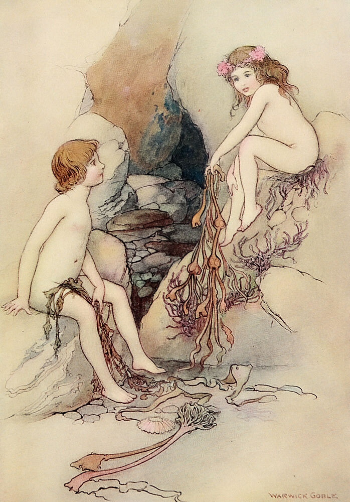 A Water-Baby, Sitting on the White Sand, the Water-Babies 1909 art print by Warwick Goble for $57.95 CAD