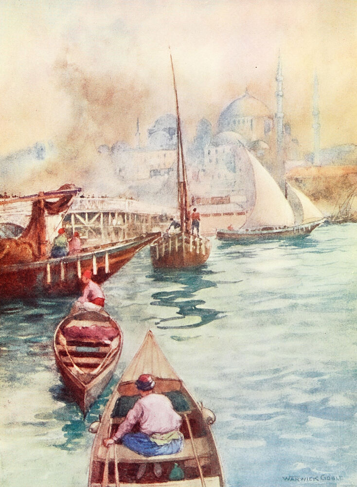 The Bridge from Galata to Stamboul, Turkey 1911 art print by Warwick Goble for $57.95 CAD