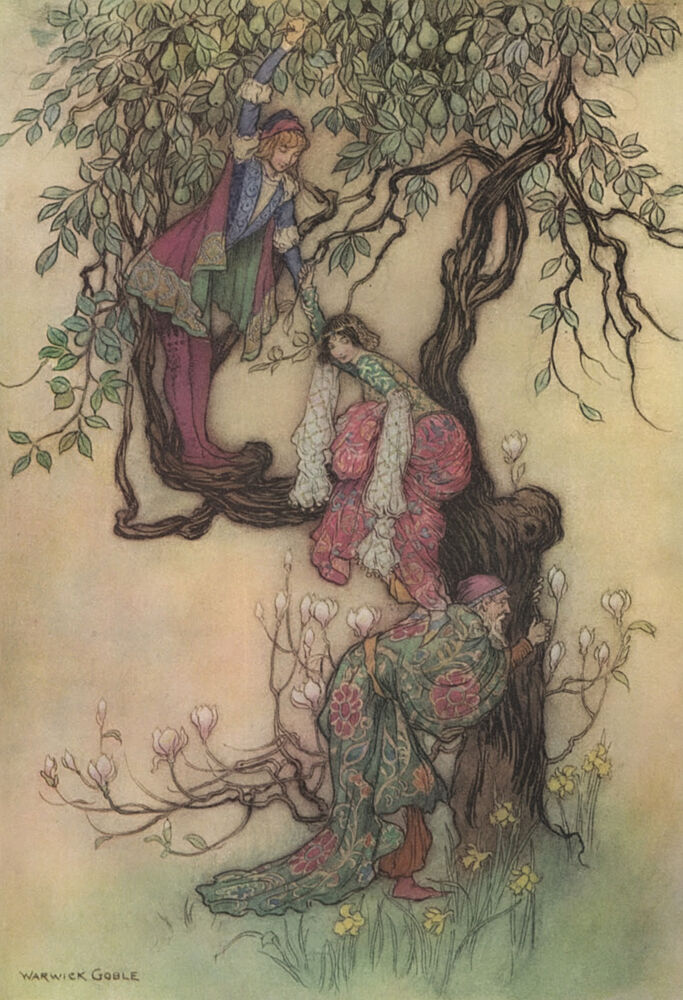 January Helping May into the Tree, Works of Geoffrey Chaucer 1912 art print by Warwick Goble for $57.95 CAD