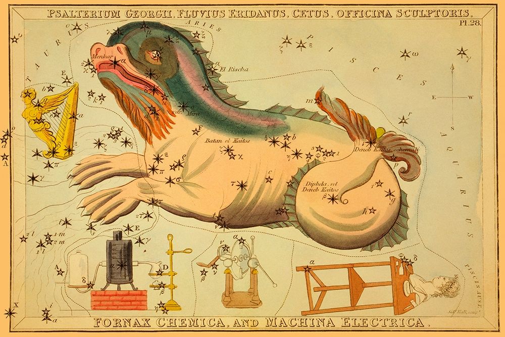 Psalterium Georgii, Fluvius Eridanus, Cetus, Officina Sculptoris, Fornax Chemica, and Machina Electr art print by Jehoshaphat Aspin for $57.95 CAD