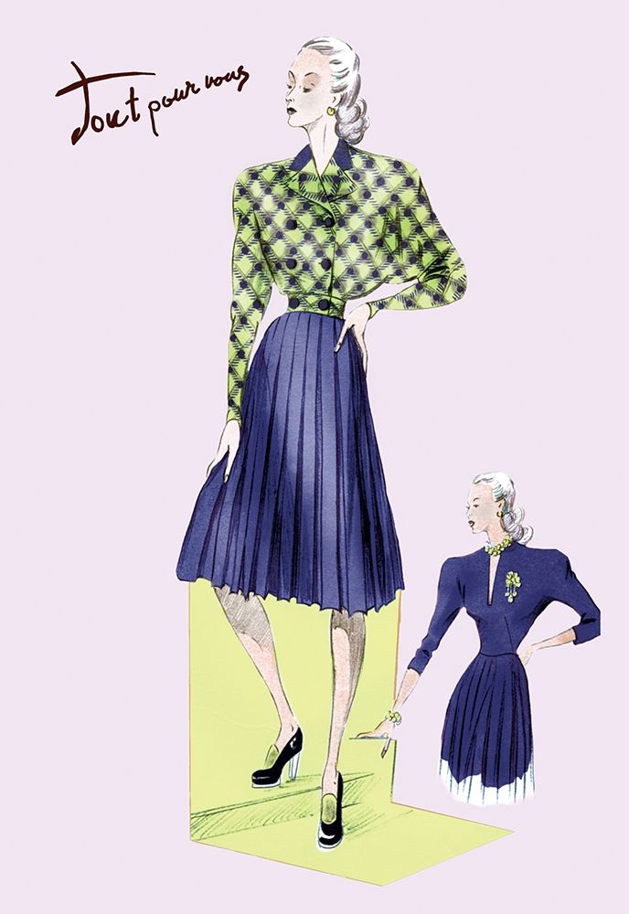 Pleated Dress with Plaid Jacket, 1947 art print by Unknown for $57.95 CAD