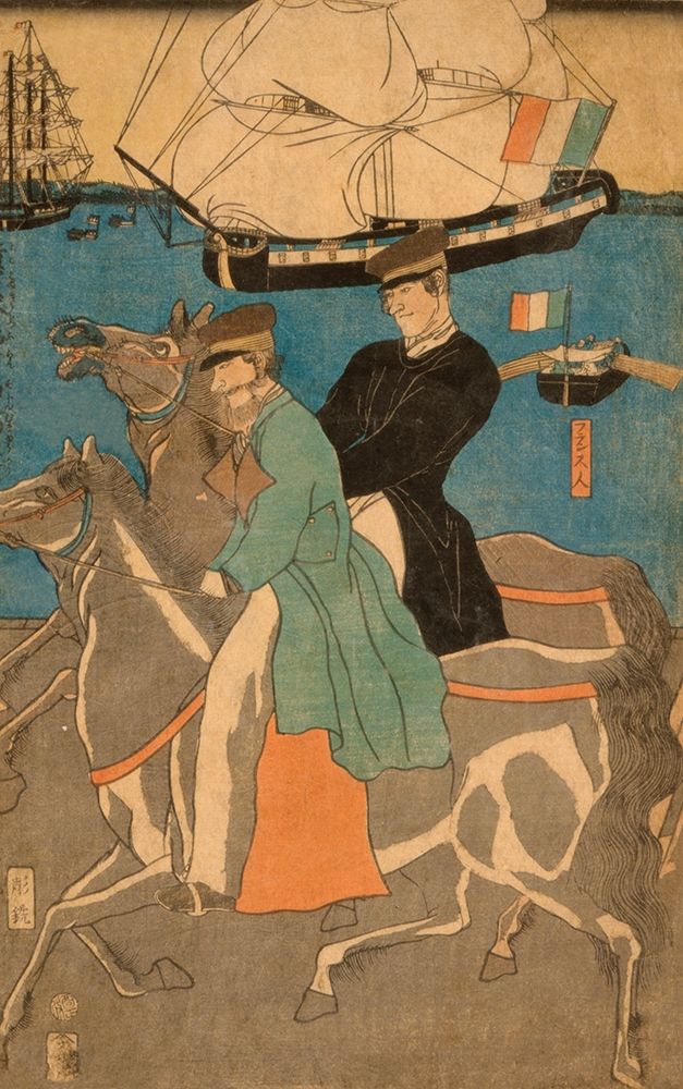 French men taking horse ride on Sunday in Yokohama (Yokohama kyujitsu Furansujin uma yuko), 1861 art print by Sadahide Utagawa for $57.95 CAD