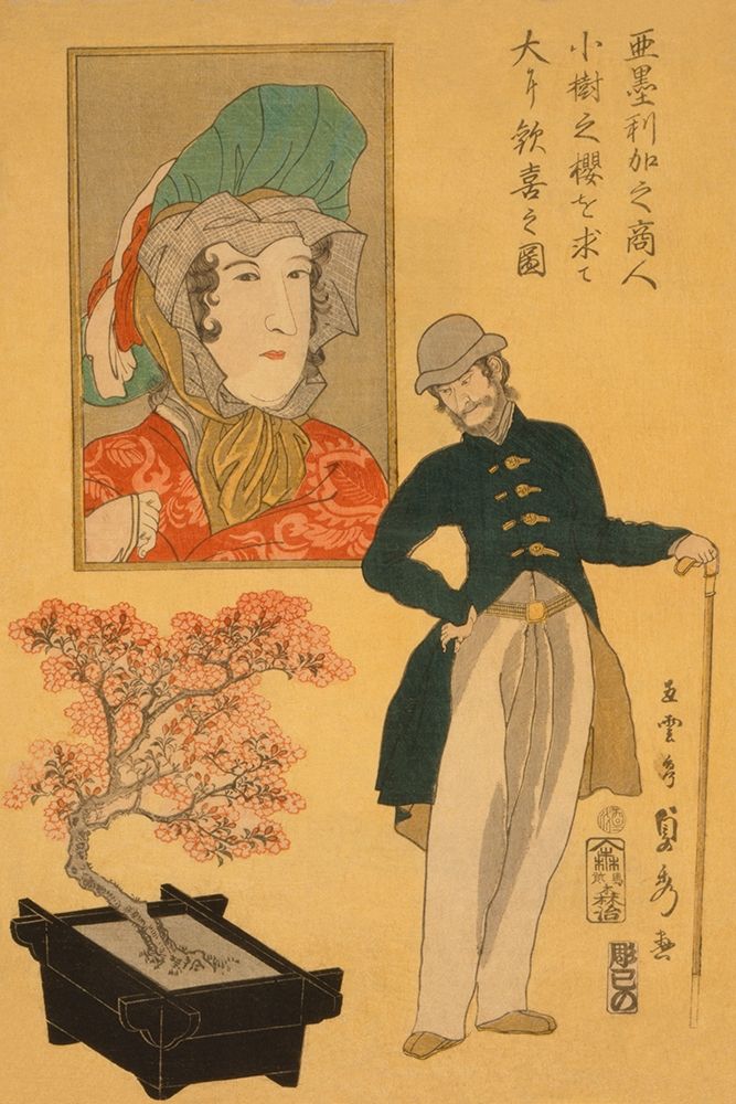 American merchant delighted with miniature cherry tree (Amerika no shonin shoju no sakura o motomete art print by Sadahide Utagawa for $57.95 CAD