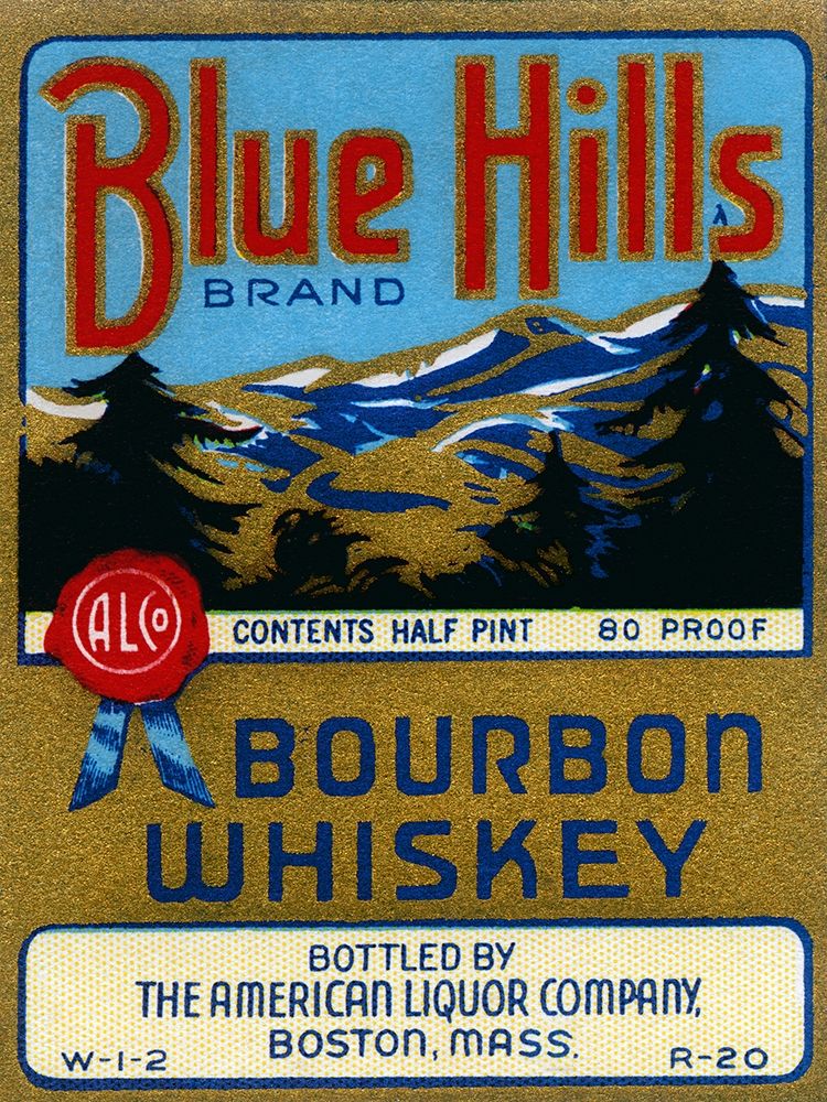 Blue Hills Bourbon Whiskey art print by Vintage Booze Labels for $57.95 CAD
