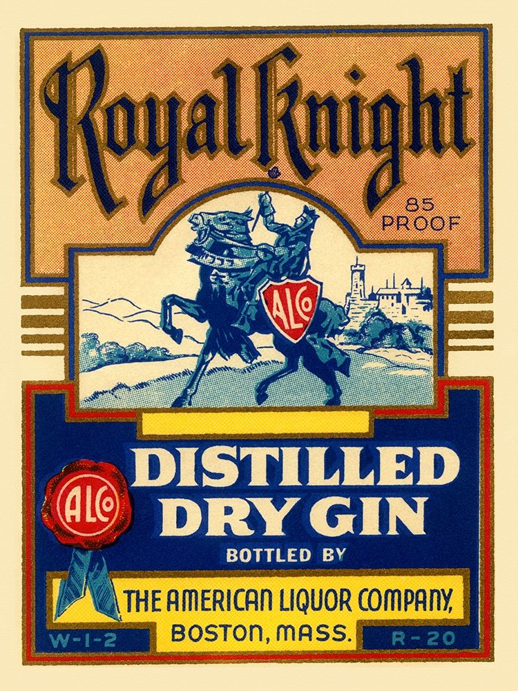 Royal Knight Distilled Dry Gin art print by Vintage Booze Labels for $57.95 CAD
