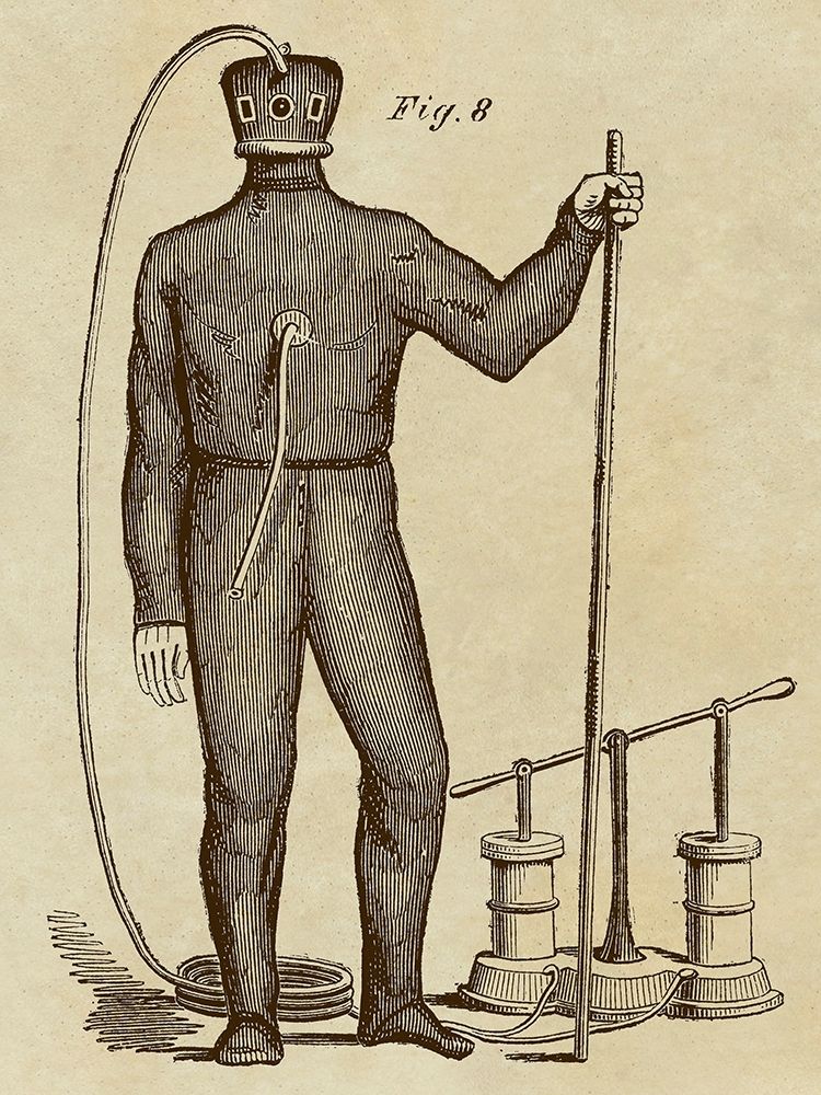 Diving Gear with Suit and Air Pump art print by Inventions for $57.95 CAD