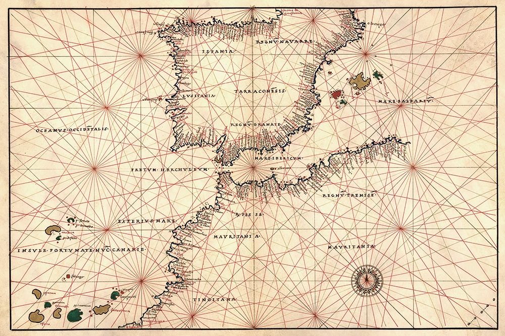 Portolan or Navigational Map of the Spain, Gibraltar and North Africa art print by Battista Agnese for $57.95 CAD