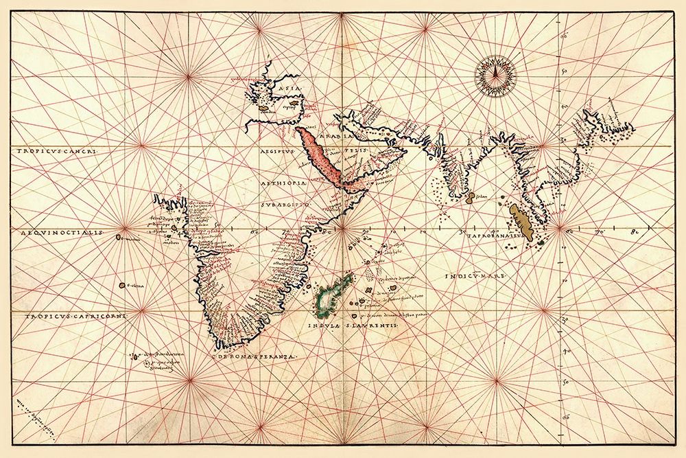 Portolan Map of Africa, the Indian Ocean and the Indian Subcontinent art print by Battista Agnese for $57.95 CAD