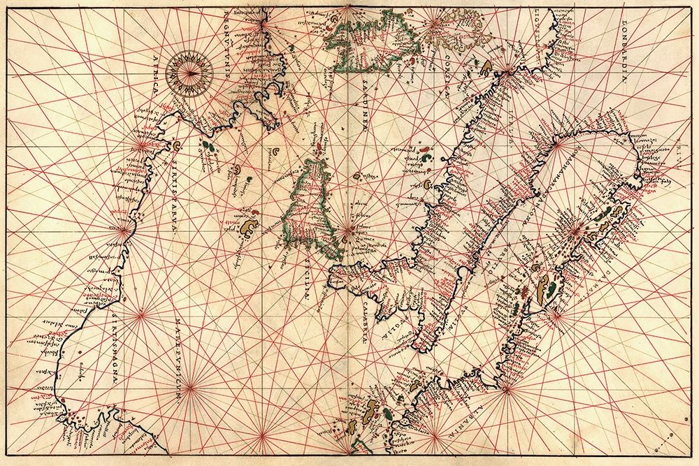 Portolan Map of Italy, Sicily, North Africa and the Mediterranean art print by Battista Agnese for $57.95 CAD