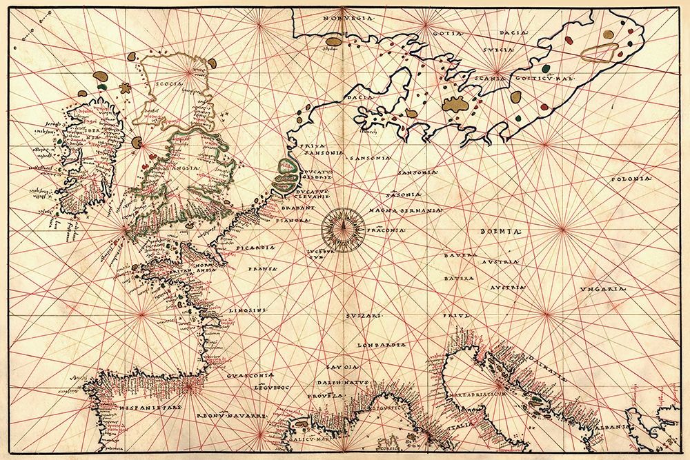 Portolan Map of Spain, England, France, Germany, The British Isles art print by Battista Agnese for $57.95 CAD