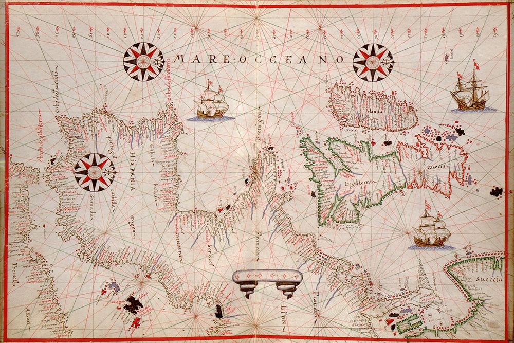 Portolan Map of Spain, England, Ireland and France art print by Joan Oliva for $57.95 CAD