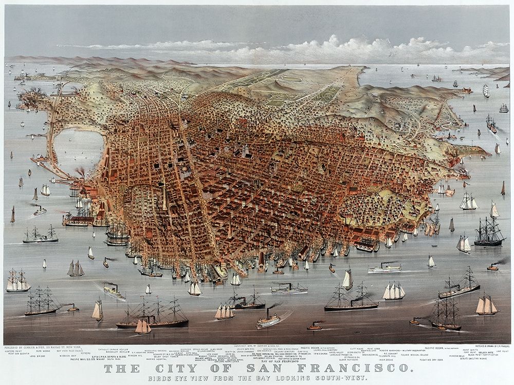 The City of San Francisco; Birds Eye View from the Bay Looking South-West art print by Currier and Ives for $57.95 CAD