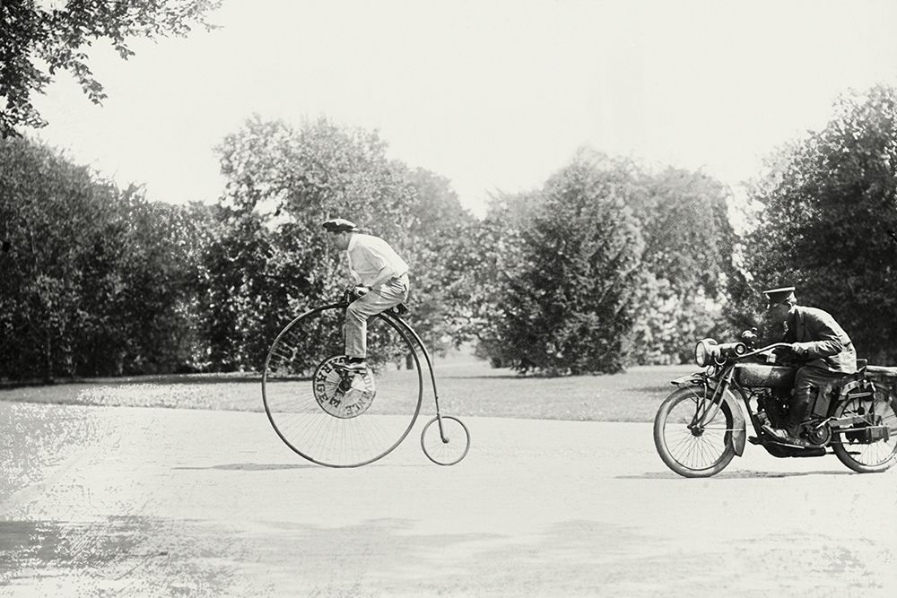 Motorcycle cop chases a Penny Farthing Velocipede art print by Unknown for $57.95 CAD