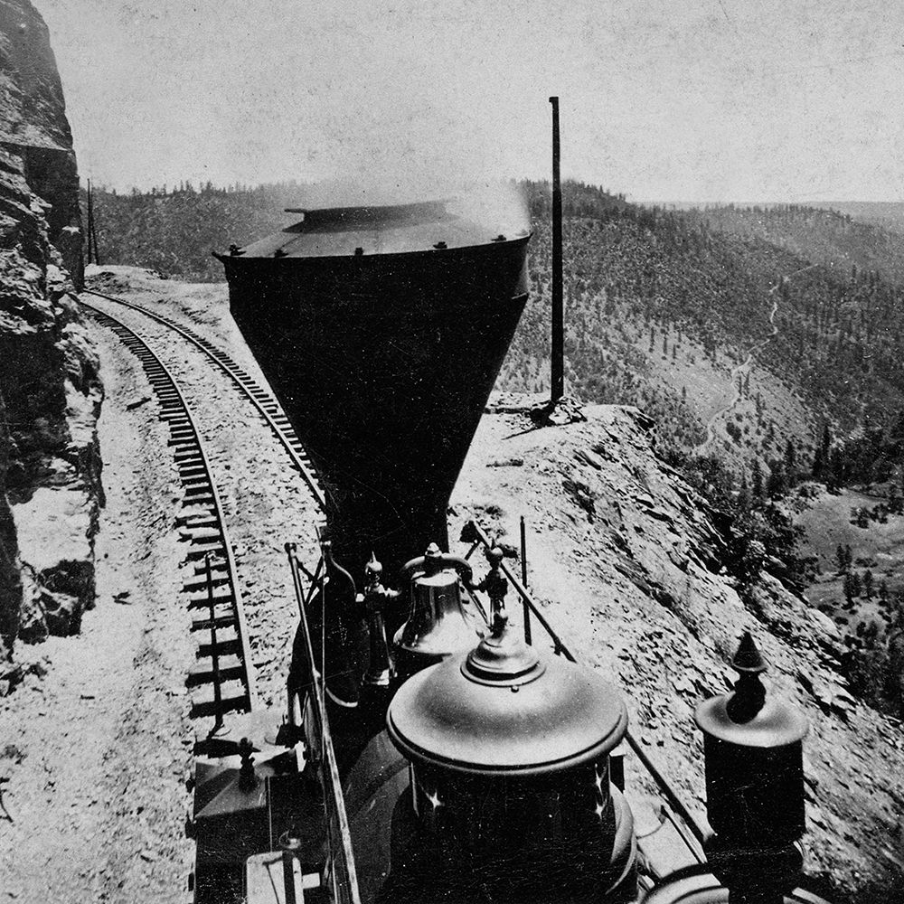 Rounding Cape Horn. Road to Iowa Hill from the river, in the distance. Black and white. art print by Alfred A. Hart for $57.95 CAD