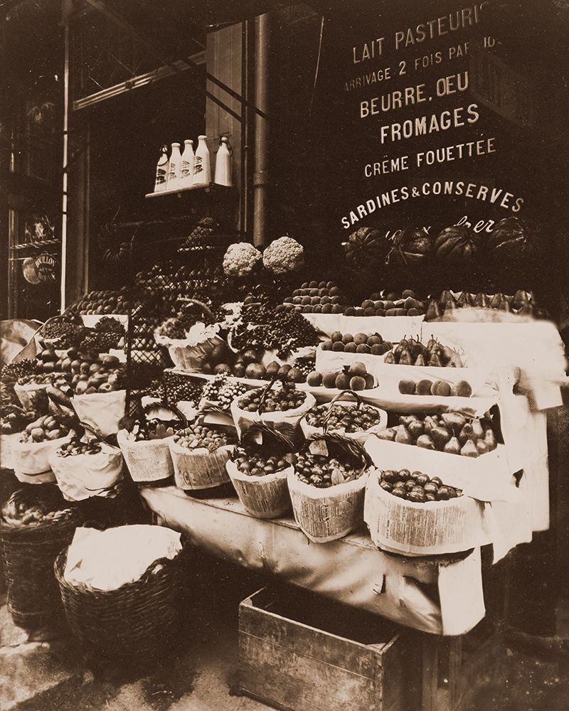Rue Sainte-Opportune - Produce Display, rue Sainte-Opportune. Sepia art print by Eugene Atget for $57.95 CAD