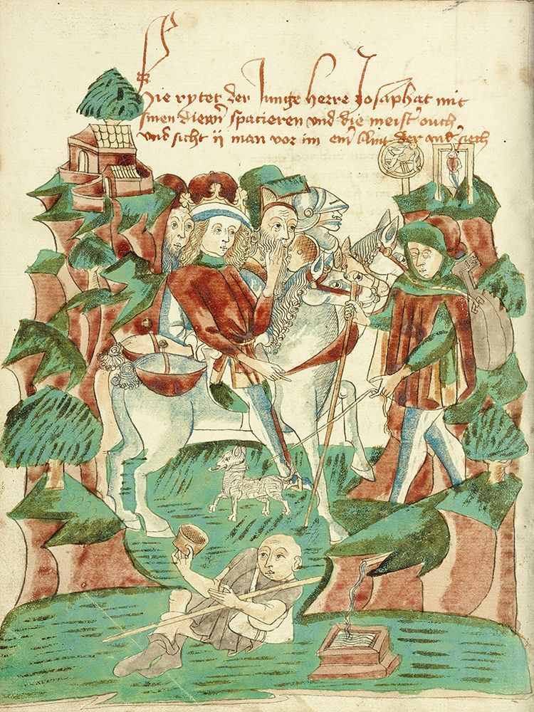 Josaphat Meeting a Blind Man and a Beggar art print by Unknown 15th Century German Illuminator for $57.95 CAD