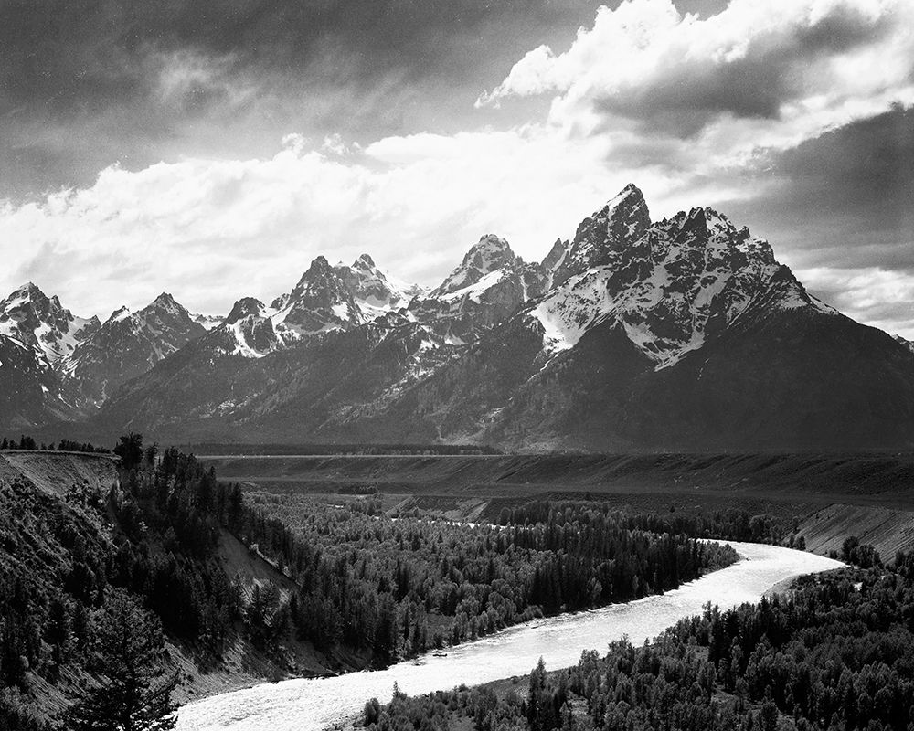 View from river valley towards snow covered mountains, river in foreground, Grand Teton National Par art print by Ansel Adams for $57.95 CAD