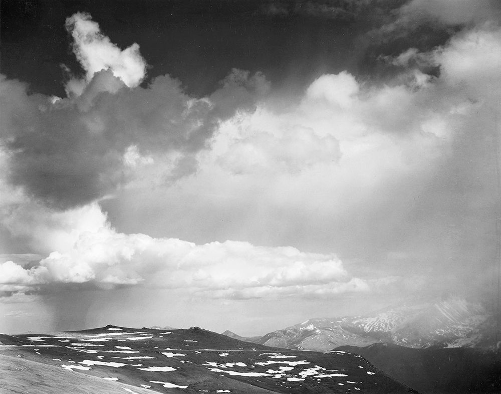 Mountain tops, low horizon, dramatic clouded sky, in Rocky Mountain National Park, Colorado,  ca. 19 art print by Ansel Adams for $57.95 CAD