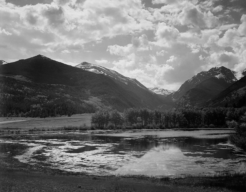 Lake and trees in foreground, mountains and clouds in background, in Rocky Mountain National Park, C art print by Ansel Adams for $57.95 CAD