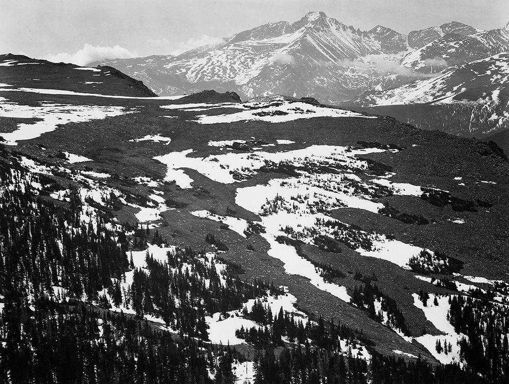 View of plateau, snow covered mountain in background, Longs Peak,  in Rocky Mountain National Park, art print by Ansel Adams for $57.95 CAD