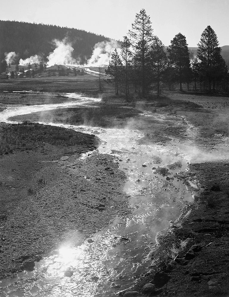 Stream winding back toward geyser, Central Geyser Basin, Yellowstone National Park, Wyoming, ca. 194 art print by Ansel Adams for $57.95 CAD