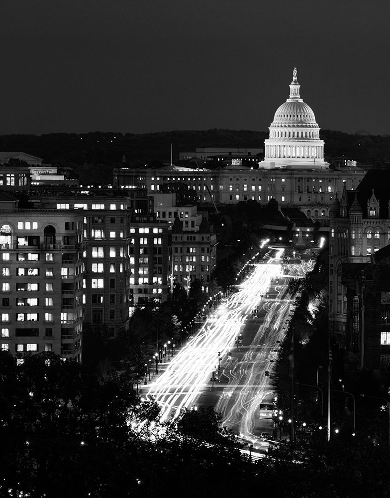Dusk view of Pennsylvania Avenue, Americas Main Street in Washington, D.C. - Black and White Variant art print by Carol Highmith for $57.95 CAD
