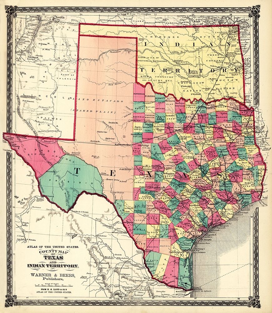 County Map of Texas, and Indian Territory, 1874 art print by H.H. Lloyd & Co. for $57.95 CAD