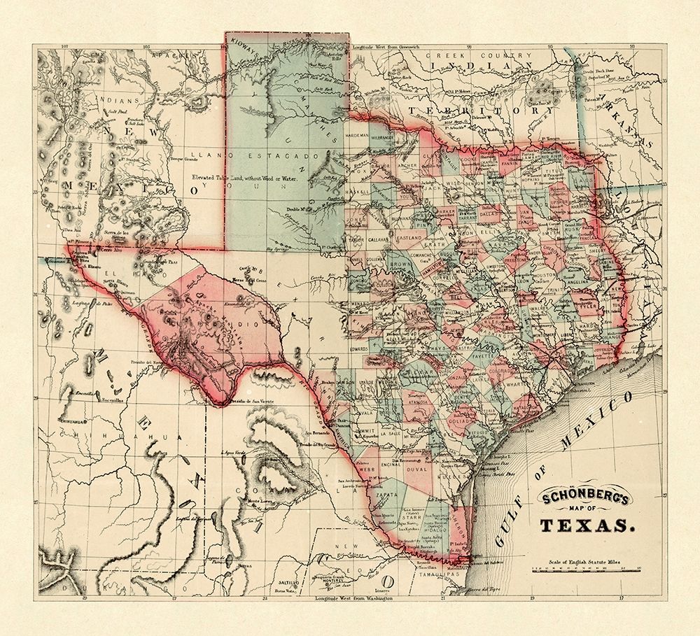 Schonbergs map of Texas, 1866 art print by Schonberg & Co. for $57.95 CAD