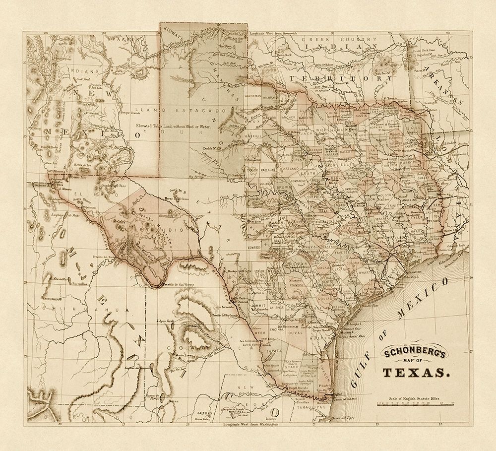 Schonbergs map of Texas, 1866 art print by Schonberg & Co. for $57.95 CAD