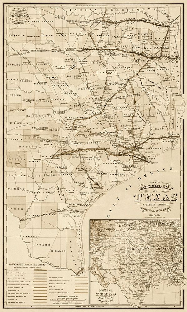 Grays railroad map of Texas - Decorative Sepia art print by O.W. Gray & Son. for $57.95 CAD