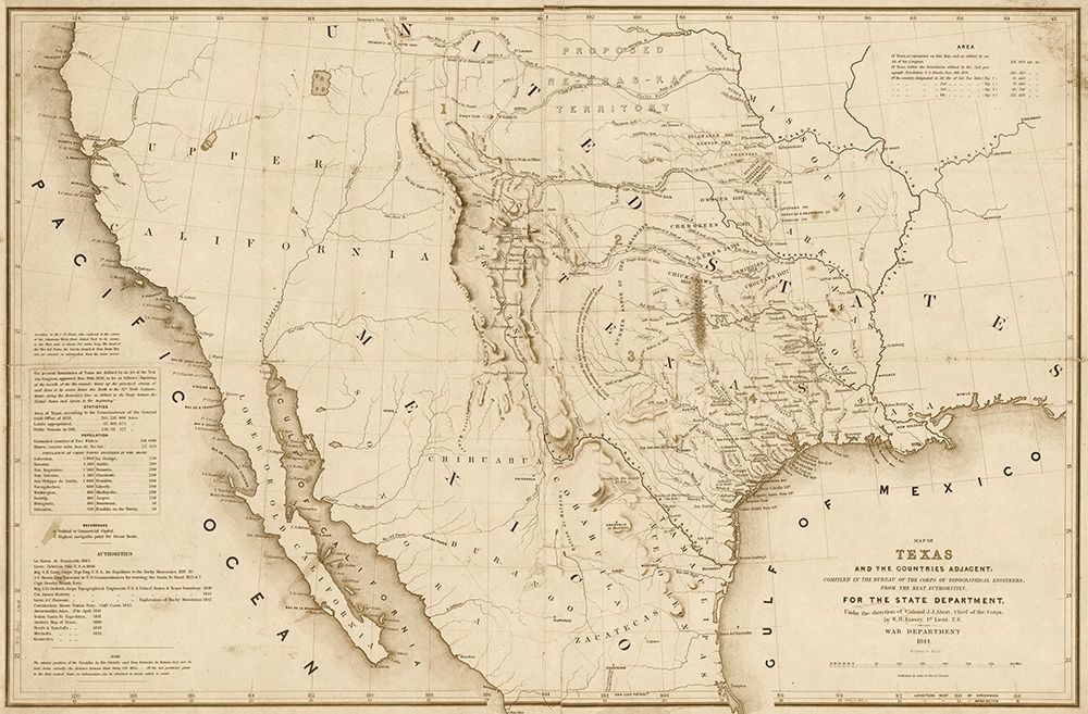 Map of Texas and the countries adjacent, 1844  - Decorative Sepia art print by William H. Emory for $57.95 CAD