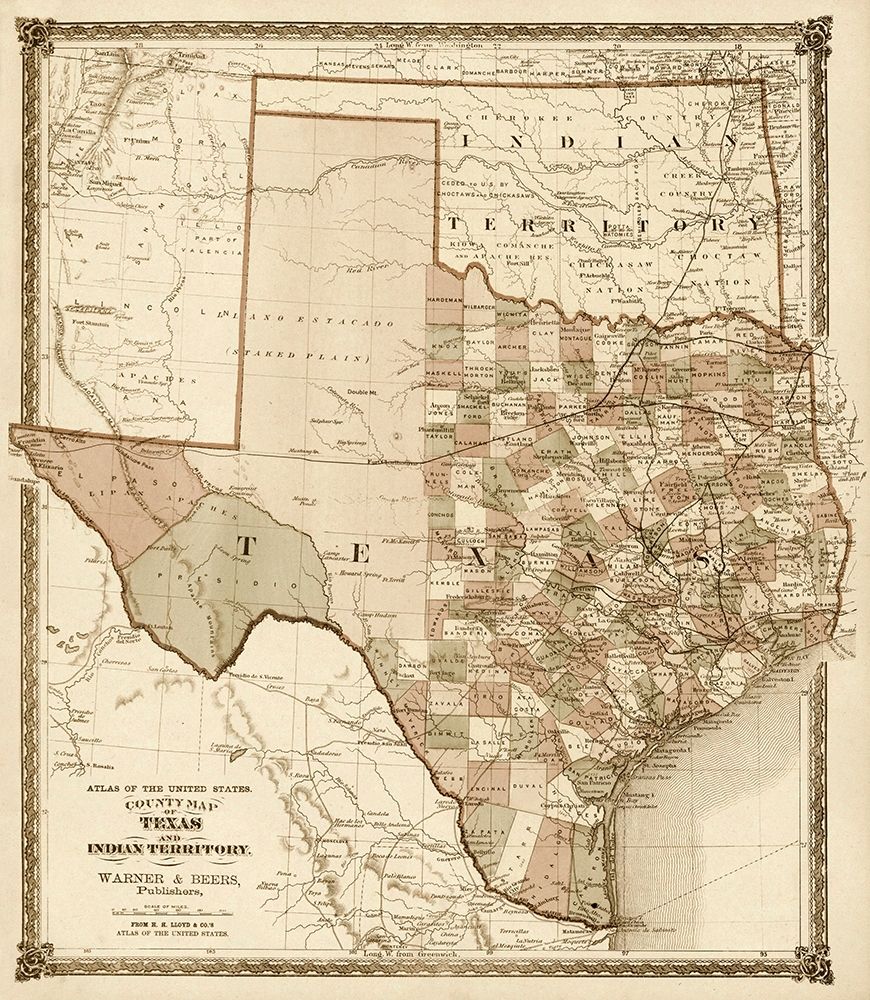 County Map of Texas, and Indian Territory, 1874 - Decorative Sepia art print by H.H. Lloyd & Co. for $57.95 CAD